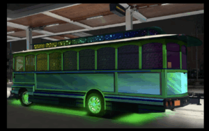 computer rendering of trolley bus with neon undercarriage