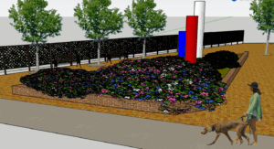 rendering of a flower bed with woman and dog walking nearby